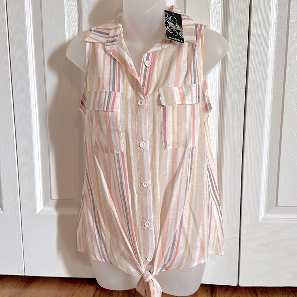 Ava & Grace vertical Striped Pastel Front Toe Tank Blouse Top Shirt Small S NWT